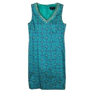 Jones New York Stretch Seleveless V Neck Beaded Midi Dress Size 10 Vibrant Print